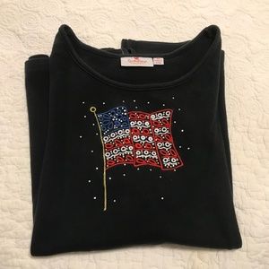 QF short sleeve crew neck black top with embroidered US flag & rhinestones (2X)